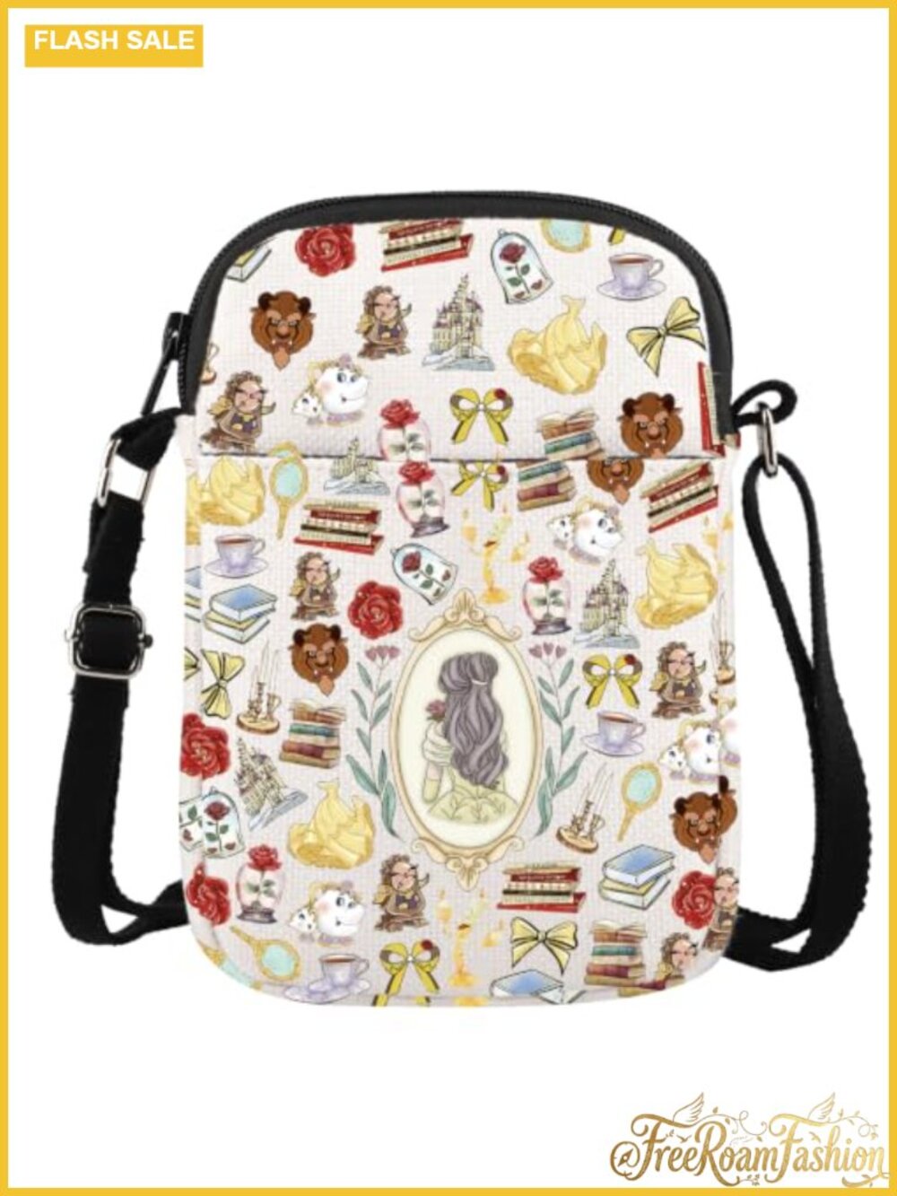 Canvas Crossbody Bag Princess Cartoon Print Adjustable Strap Zip Satchel
